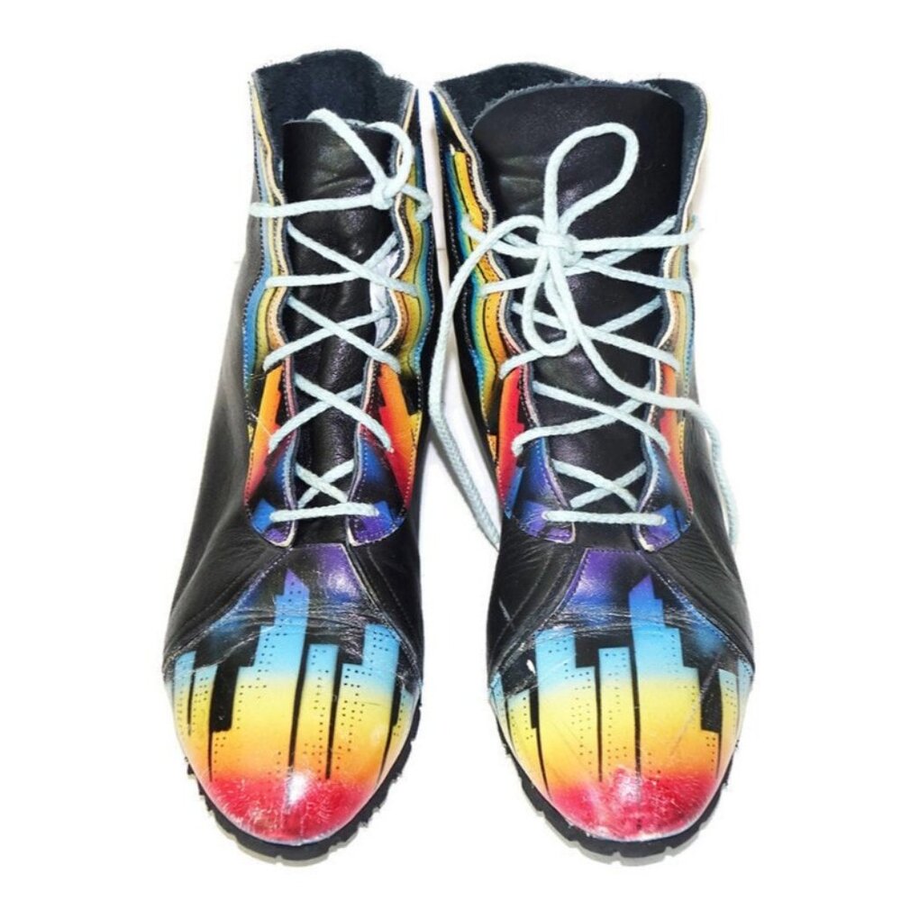 Vintage 80s Hand Painted Leather Ankle Boots Sz 40 Rainbow City Skyline Signed S